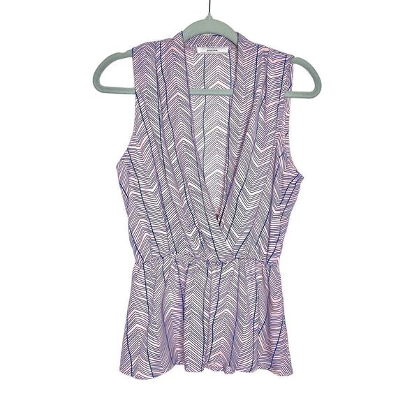 Poema Sleeveless Deep V-Neck Peplum Blouse Tank Top Pink Blue Small Striped - Picture 1 of 11